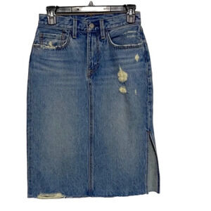 Levi’s Blue Distressed Midi Side Slit Jean Skirt Size 26